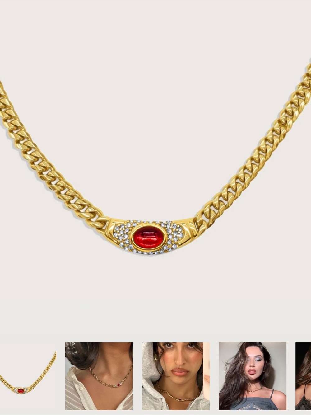 Gold Chain Necklace with Red Oval Gem and Crystal Accents